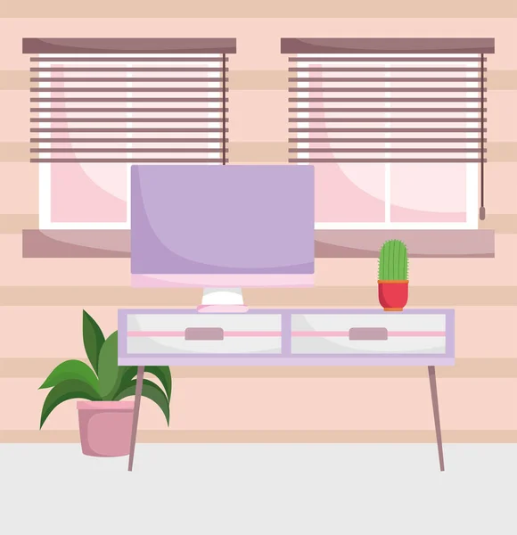 Ofis işyeri bilgisayar ekranı saksı bitkileri ve pencereleri olan masada — Stok Vektör