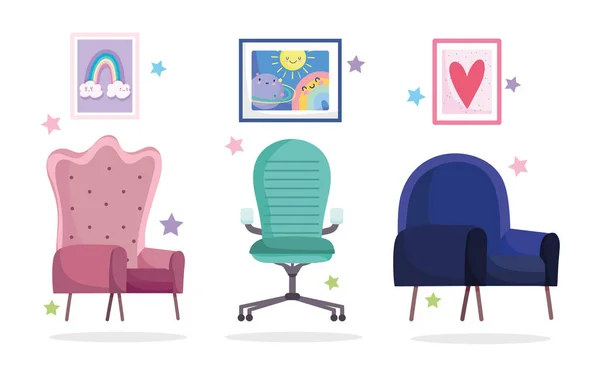 Home office werkplek collectie stoelen en foto 's in de muur — Stockvector
