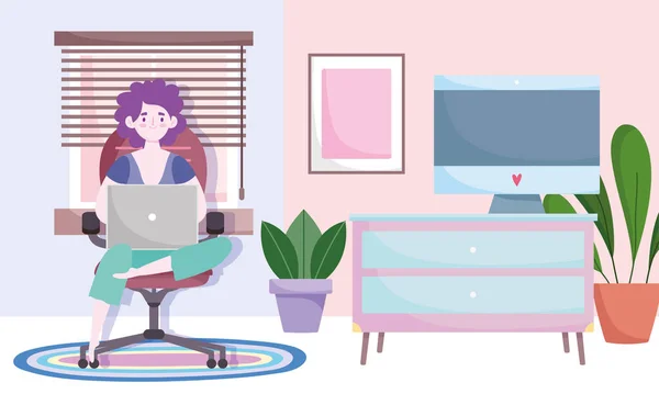 Espace de travail de bureau à domicile, femme utilisant un ordinateur portable assis sur une chaise, plantes de table d'ordinateur de chambre et fenêtre — Image vectorielle