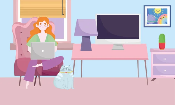 Espace de travail de bureau à domicile, femme avec tiroirs pour chat ordinateur portable lampe cactus ordinateur et fenêtre — Image vectorielle