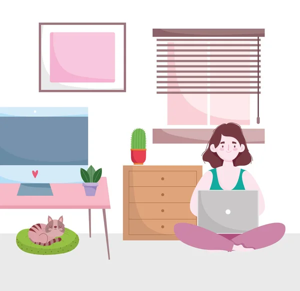 Home office workspace, kobieta pracuje w domu z laptopem i kotem na poduszce — Wektor stockowy