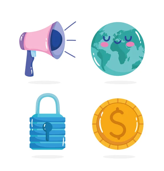 Reopening, megaphone planet padlock and money icons set — Stock Vector