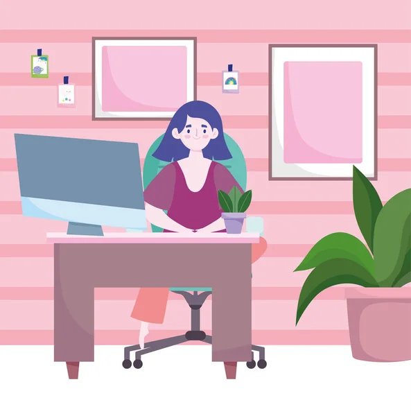 Home office workspace, mulher feliz com imagens de computador de mesa e planta envasada — Vetor de Stock