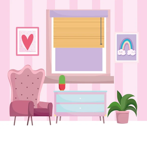 Home workplace chair drawer potted plants picture in wall and window — Stock Vector