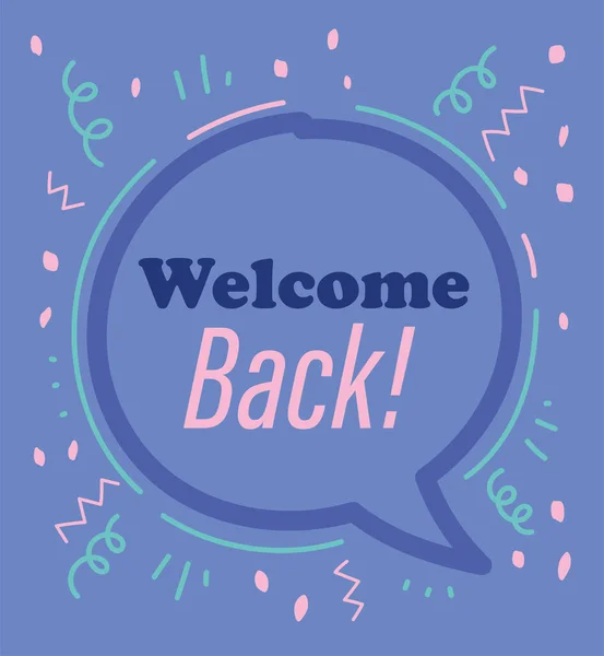 Reopening, welcome back phrase speech bubble purple background — Stock Vector