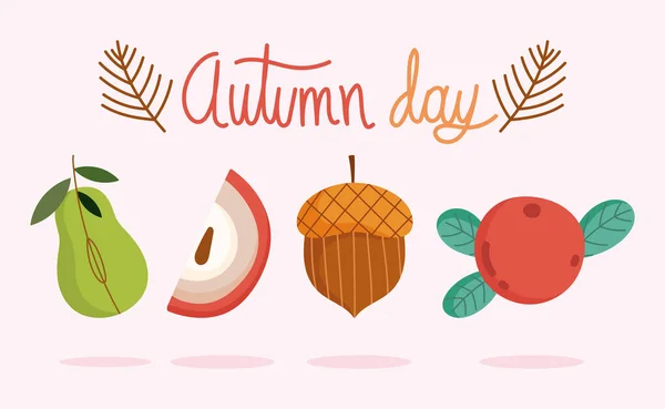 Hola otoño, temporada cosecha frutas manzana pera bellota bayas iconos — Archivo Imágenes Vectoriales