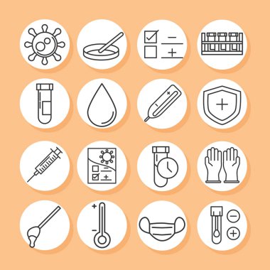 Coronavirus covid 19 tanı araştırması, tıbbi ekipman test örneği ve sonuçları, çizgi simgeleri tasarımı