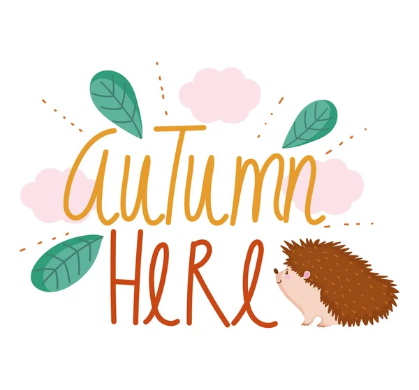 Bonjour automne mignon hérissons animaux feuilles nuages décoration bannière — Image vectorielle