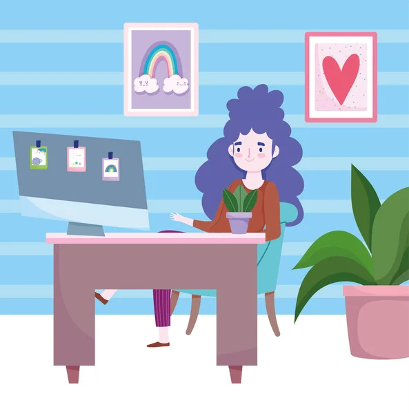Домашнее офисное рабочее место, молодая женщина за столом с компьютером и фото в стене — стоковый вектор