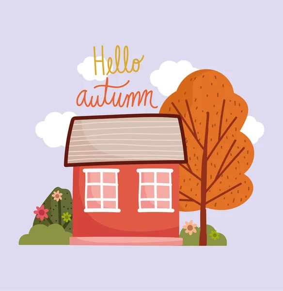 Bonjour automne, maison rustique arbre fleurs feuillage nature dessin animé — Image vectorielle