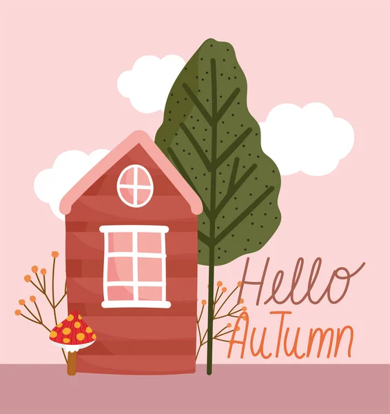Bonjour automne, campagne vintage maison arbre champignons feuilles dessin animé — Image vectorielle