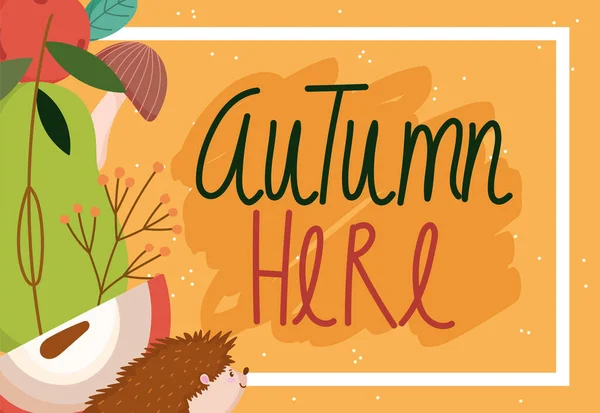 Bonjour automne, fruits feuillage nature, modèle saisonnier avec inscription — Image vectorielle