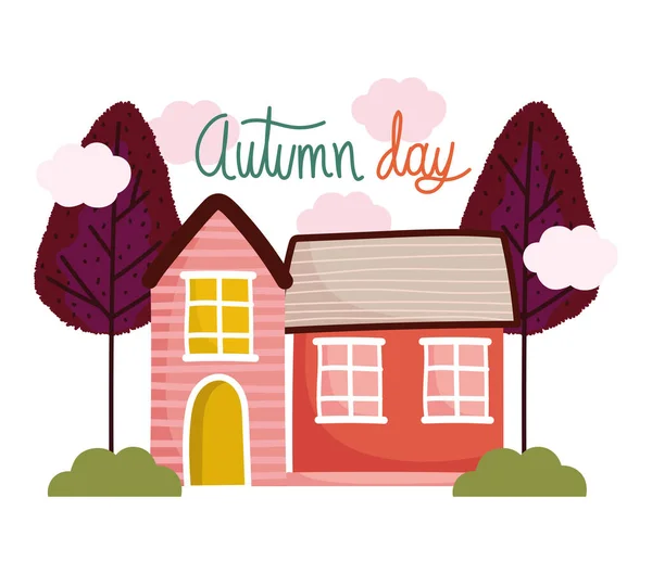 Hola otoño, árboles de casa vintage arbustos cielo nubes dibujos animados — Archivo Imágenes Vectoriales