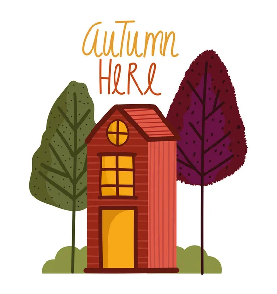 Bonjour automne, dessin animé maison en bois arbres buissons nature — Image vectorielle