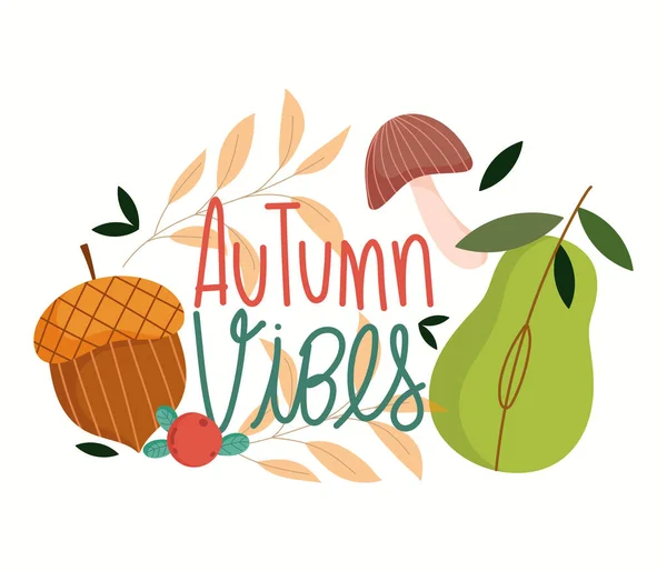 Hola otoño caligrafía letras bellota fruta y champiñones — Vector de stock