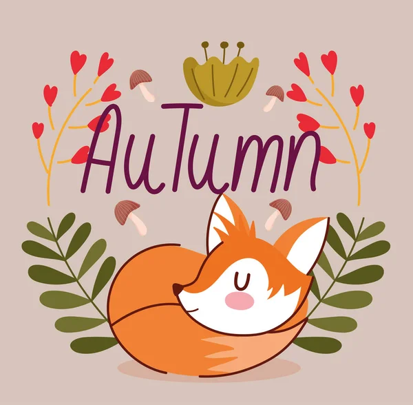 Привіт осінь спить милий лисиця квіткове листя грибів фон — стоковий вектор
