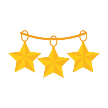 Mutlu Noeller, asılmış altın yıldızlı süslemeler, şenlikli düz ikon tarzı kutlamalar.