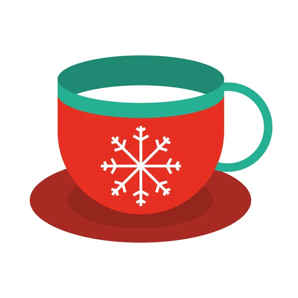 Feliz Natal, xícara de café com decoração floco de neve, celebração estilo ícone plano festivo — Vetor de Stock
