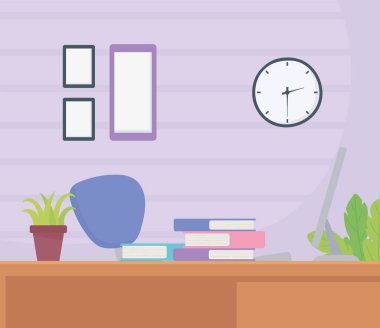 Ofis sandalyesi masa başı kitapları saat çerçeveleri ve saksı bitkileri