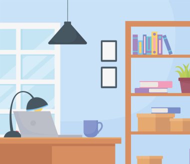 Ofis kitaplığı masa lambası dizüstü bilgisayar kahve fincanı çerçeveleri ve asılı lamba