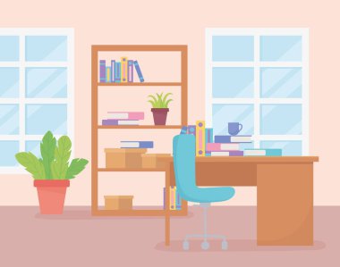 Ofis kitaplığı kitapları masa başı kahve fincanları ve pencereler.