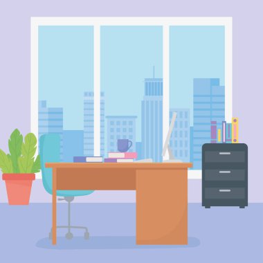 Ofis masası koltuğu kahve fincanı dizüstü bilgisayarı kitaplar ve pencereli.