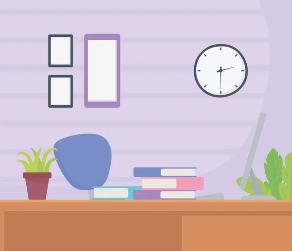 Bureau bureau chaise livres cadres horloge et plantes en pot — Image vectorielle