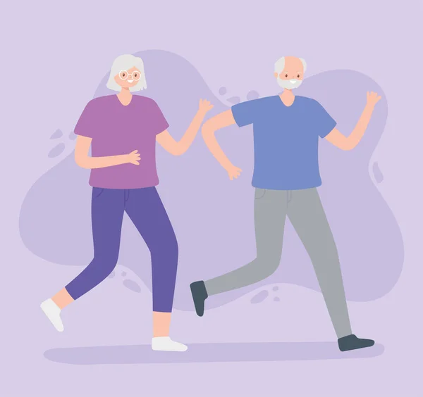 Activity seniors, elderly man and woman running sport — Stock Vector