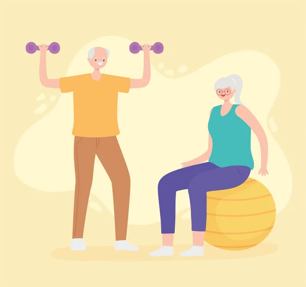 Atividade idosos, casal idoso praticando exercícios com bola e halteres —  Vetores de Stock