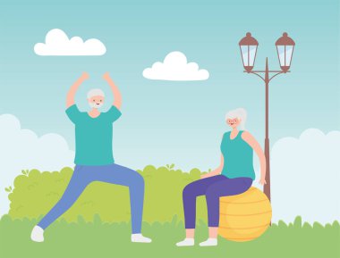 aktivite yaşlıları, yaşlı bir adam esneme hareketleri yapıyor ve yaşlı bir kadın parkta spor topu yapıyor.