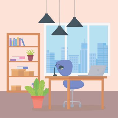 Ofis masası koltuğu dizüstü bilgisayar lambası rafı ve asılı lambalar.