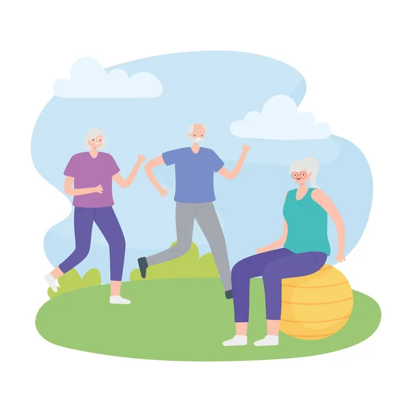 Activity seniors, old couple running and elderly woman on fitness ball in the outdoors — Stock Vector