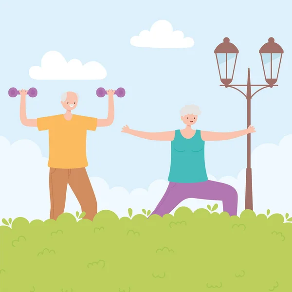 Aktivitet seniorer, senior kvinna och man utövar fysiska aktiviteter i parken — Stock vektor