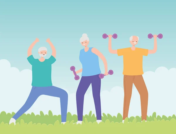 Actividad seniors, grupo de ancianos practicando ejercicios con mancuernas en el parque — Vector de stock