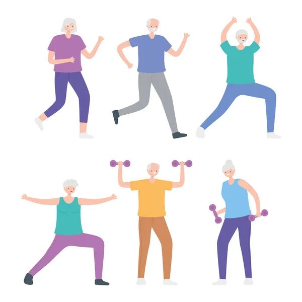 Activity seniors, group elderly people practicing exercises — Stock Vector