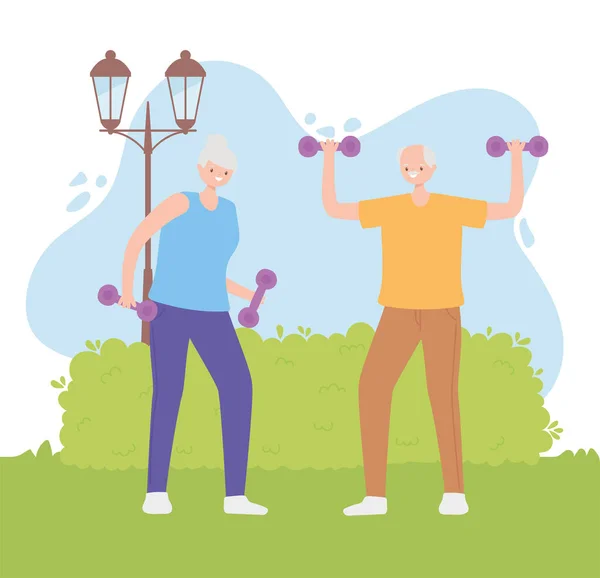 Actividad seniors, senior people doing exercises with dumbbells at park — Vector de stock
