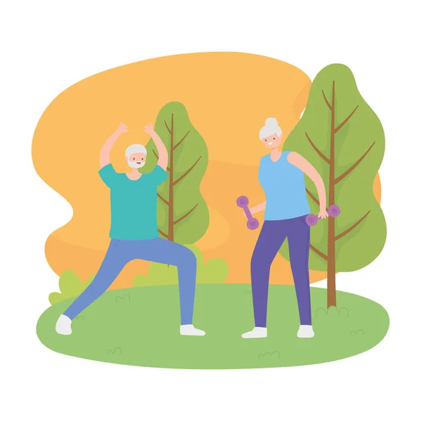 Activité seniors, heureux couple de personnes âgées faisant des exercices avec belle vue sur la nature — Image vectorielle
