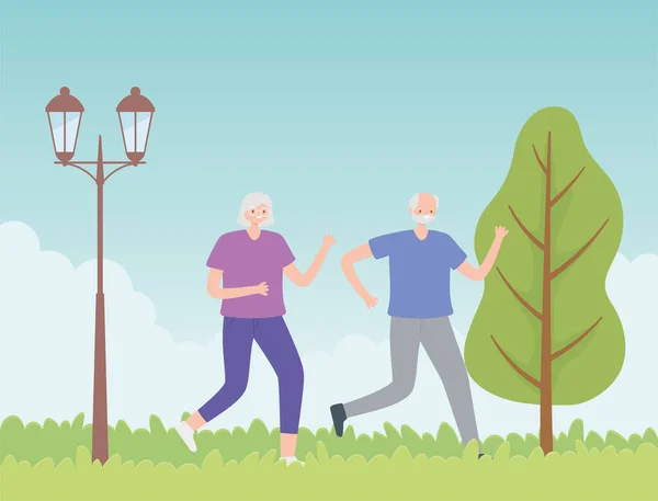 Activity seniors, old couple running sport in the park — Stock Vector