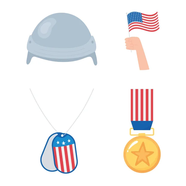 幸せな退役軍人の日旗と兜のアイコンと勲章の手米軍兵士 — ストックベクタ