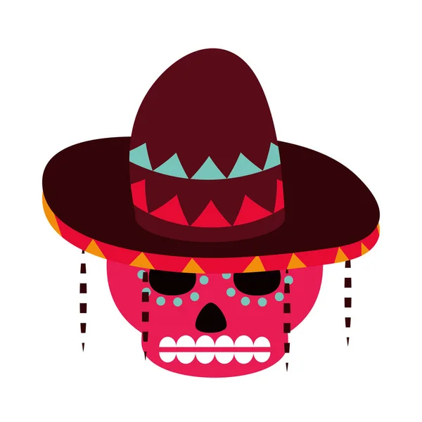 Dag av de döda, socker skalle blommor och hatt dekoration, mexikanska firande ikon platt stil — Stock vektor