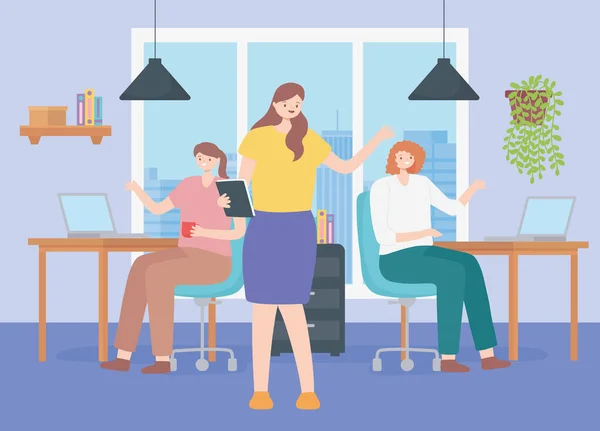 Coworking, office team female characters at desk with computer — Stock Vector