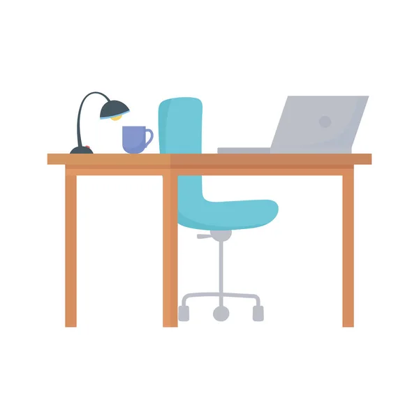 Espacio de trabajo escritorio silla portátil lámpara y taza de café aislado diseño fondo blanco — Vector de stock