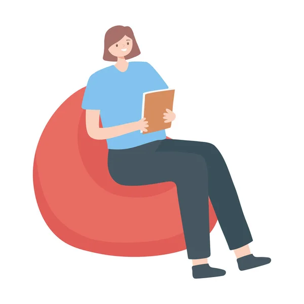 Chica sentado leyendo un libro aislado diseño blanco fondo — Vector de stock