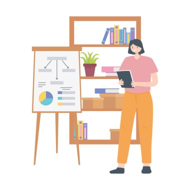 Kadın iş tahtası ve kitaplık beyaz arkaplan