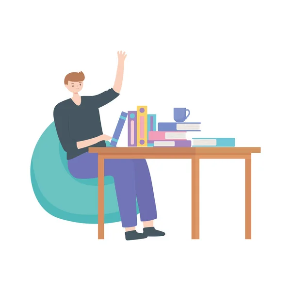 Man zitten werken met boeken op tafel geïsoleerd ontwerp witte achtergrond — Stockvector