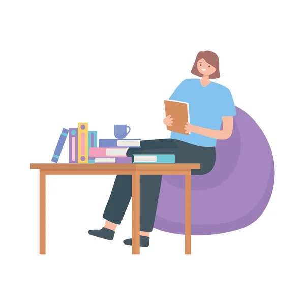 Female employeee sitting on chair with book office space — Stock Vector
