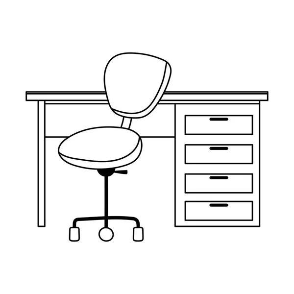 ワークスペースの机と椅子のオフィスの隔離されたデザイン白の背景ラインスタイル — ストックベクタ