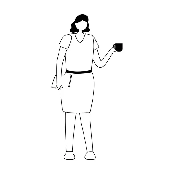 Femme d'affaires avec livre et tasse de café design isolé blanc fond style ligne — Image vectorielle