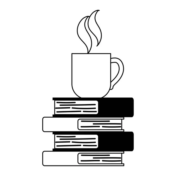 Taza de café en la pila de libros de diseño aislado estilo de línea de fondo blanco — Vector de stock