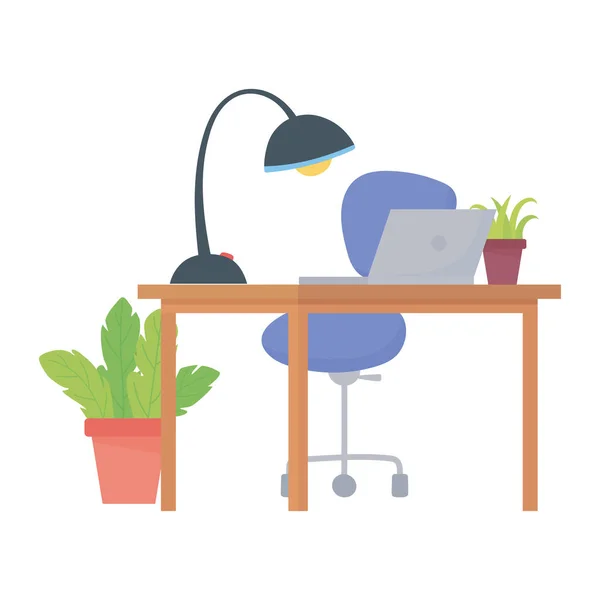 Espaço de trabalho escritório cadeira mesa laptop lâmpada e plantas projeto isolado fundo branco —  Vetores de Stock